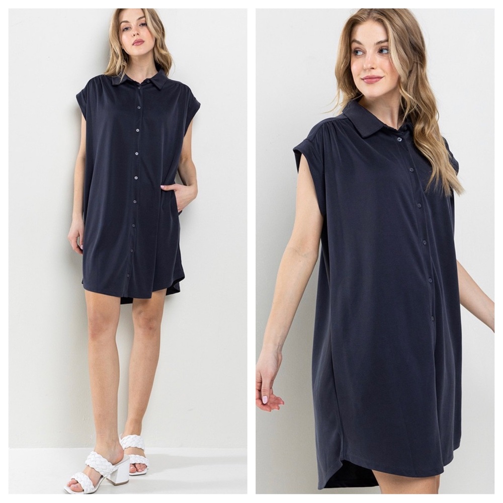 30 Solid Collared Mini Dress With Side Pockets